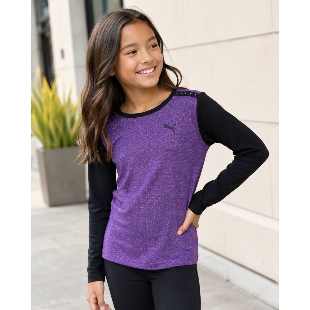 Puma Girls Sportlifestyle Purple Metallic Long Sleeve Top Studded Shoulder L